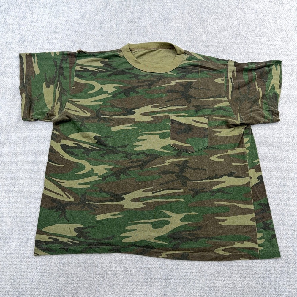 Vintage Camo Shirt Men XXL 2XL Green Pocket Tee Blank Army Military 90s Y2K *